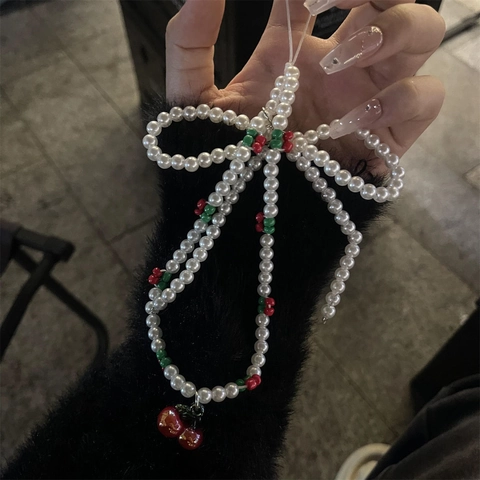 Korean Ins Style Cute Bow Beaded Phone Lanyard Charm With White Artificial Pearl And Red Cherry Pendant Fashion Bag Accessory