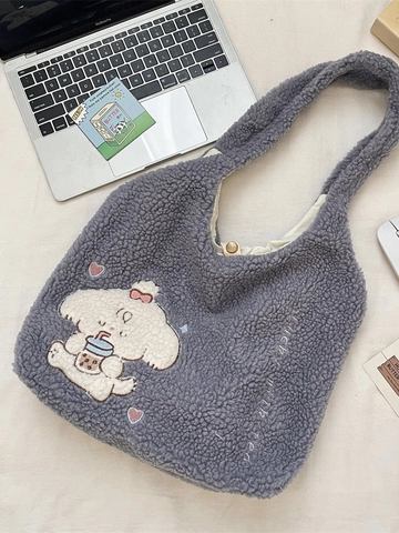 Borsa Tote In Lana Di Agnello Ricamata Con Cane Carino Grande Capacità Borsa A Tracolla In Morbido Peluche Per Donne Kawaii