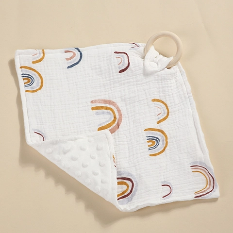 Baby Soothing Muslin Minky Security Blanket Wood Ring Cotton Comforter Rainbow Floral Bear Pattern Soft Sensory Blanket