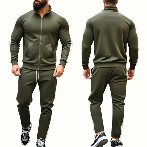 Men Tracksuit Polyester Cotton Blend Stand Collar Full Zip Jacket And Jogger Pants Casual Sporty Urban Fashion