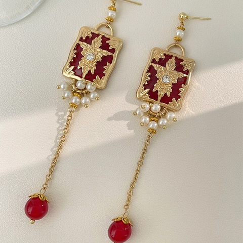 Pendientes Largos De Borla Estilo Palacio Vintage Resina Esmaltada Cuadrada Flores Circonitas Con Poste De Plata De Ley 925