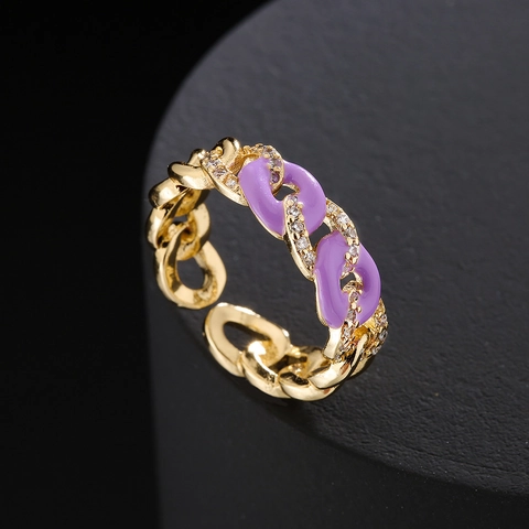 Fashion Cuban Chain Link Open Ring Copper 18K Gold Plated Enamel Cubic Zirconia Adjustable Geometric Jewelry Women