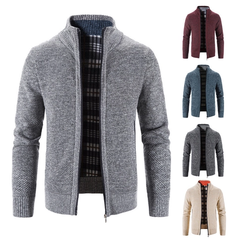 Men's Knit Cardigan Jacket Stand Collar Zip-Up Fleece Lined Checkered Thermal Sweater Winter Outerwear Casual