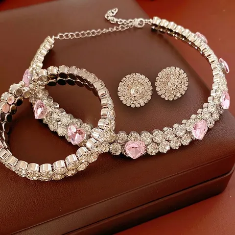 Pink Heart Rhinestone Jewelry Necklace Bracelet And Round Stud Earrings For Women Elegant Fashion Iron