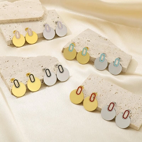 Modern Stainless Steel Geometric Round Stud Earrings For Women Colorful Enamel Drip Oil Smooth Metal Earrings Jewelry