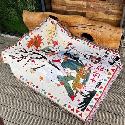 Coperta Intrecciata Cotone Lino Illustrazione Artistica Frange Bohémien Per Divano Camping Picnic Arazzo Da Parete