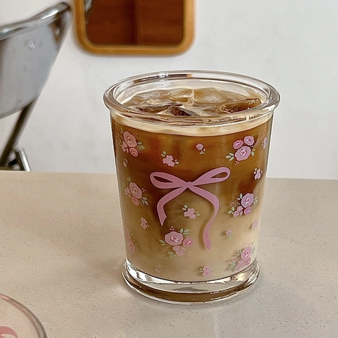 French Style Glass Cup Mug Breakfast Bowl Pink Bowknot Rose Floral Pattern Romantic Girly Coffee Milk Drinkware