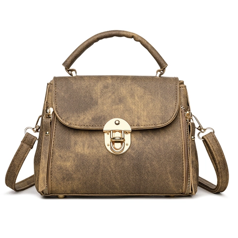 Vintage PU Leather Crossbody Bag For Women Large Capacity Handbag Small Square Shoulder Bag With Golden Twist Lock Hardware