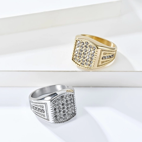 Men's Square Signet Ring Hip Hop Full Diamond Pavé Stainless Steel Polished 18K Gold Plated Jewelry Accessory