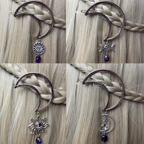 Mond Haarklammer Metall Legierung Lila Kristall Anhänger Sonne Stern Himmlische Ästhetik Haarnadel Vintage Boho Damen