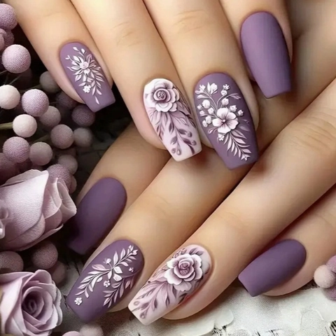 Unghie Finte Opache Forma Bara Viola Lilla Motivo Floreale Rilievo 3D Unghie Finte Eleganti Da Donna