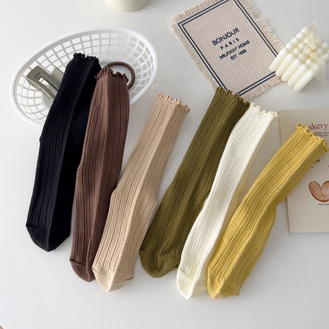 Women Cotton Crew Socks Lettuce Trim Ribbed Solid Color Slouchy Socks Japanese Style Sweet Casual Mid-Calf Socks For Fall Winter