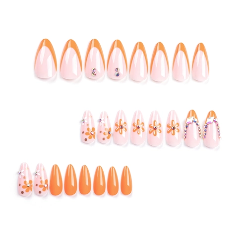 Franse Oranje Amandel Press On Nagels Met Madeliefje Bloemen Strass Kunsthars Valse Vingernagels Voor Vrouwen