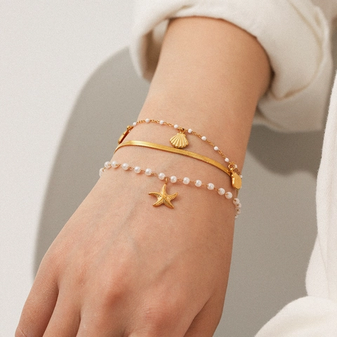 Juego De Pulseras Océano Estrella De Mar Concha Acero Inoxidable Perla Artificial Imitación Cadena Serpiente Verano Playa Mujer