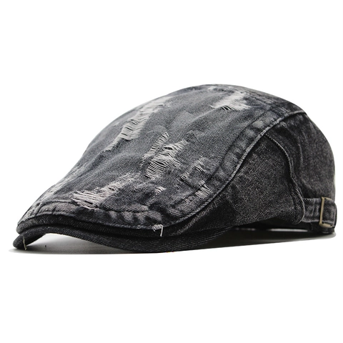 Coppia Berretto Piatto In Denim Lavato Retro Effetto Distressed Fibbia In Metallo Regolabile Vintage Streetwear Uomo Donna