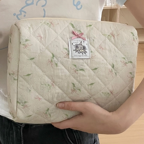 Trousse De Toilette En Coton Matelassé Imprimé Fleuri Nœud Pochette De Maquillage Grande Capacité Rétro Organisateur