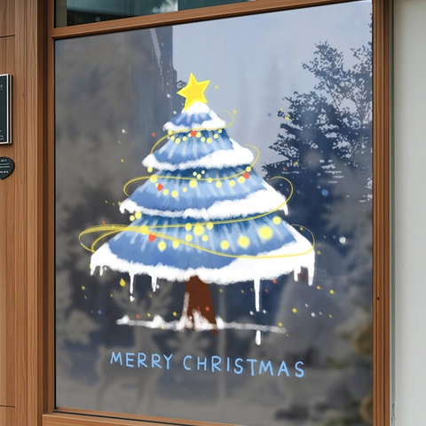 Blue Christmas Tree Window Cling Sticker Static PVC Double Sided Glass Door Decal Holiday Decoration Hand Drawn