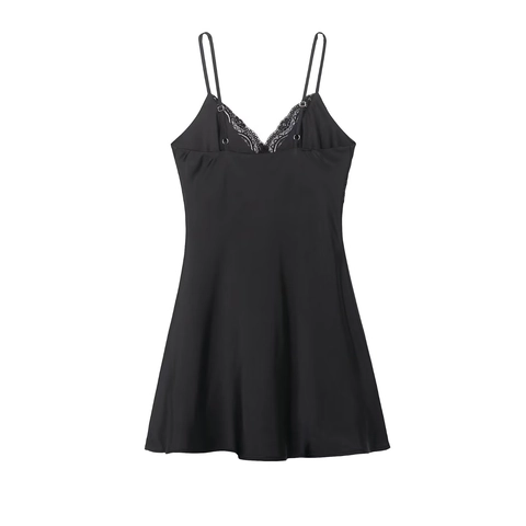 Satin Mini Slip Dress Lace V Neck Sleeveless Sexy Nightdress For Women Elegant High Waist Layered Apparel