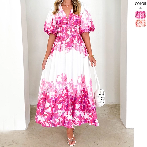 Abito Midi Stampa Floreale Scollo A V Maniche A Sbuffo Vita Alta Linea A Vacanze Estive Elegante Per Donne Poliestere
