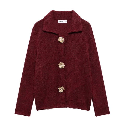 Cárdigan De Punto Elegante Para Mujer Textura De Piel Sintética Cuello De Solapa Manga Larga Botones De Flores Invierno