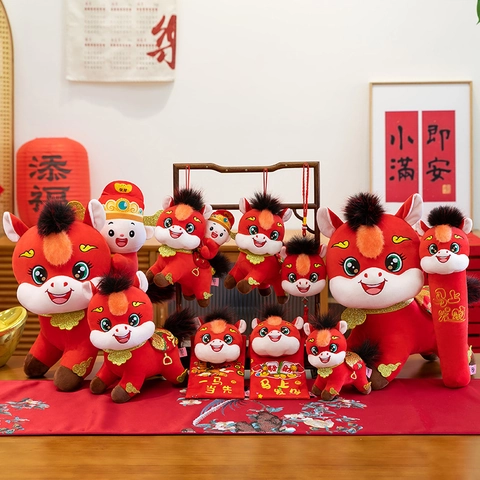 Festive Year of the Horse Zodiac Mascot Plush Toy Red Embroidered Lucky Horse Stuffed Animal For New Year Home Decoration Gift