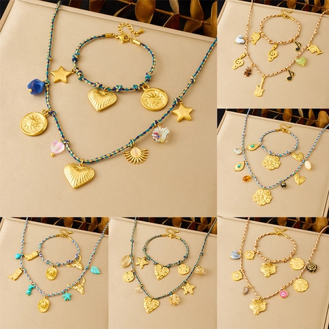 Bohemian Vintage Necklace And Bracelet Gold Plated Stainless Steel Colorful Braided Rope Multi Pendants For Women