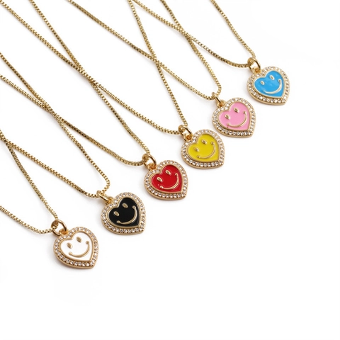 Heart Smiley Face Pendant Necklace For Women Copper Gold Plated Enamel Inlaid Rhinestone Colorful Box Chain Sweet Jewelry