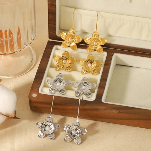 Bloem Oorbellen Roestvrij Staal 18K Verguld Imitatieparel Frans Retro Vintage Paleis Stijl Vrouwen Elegant