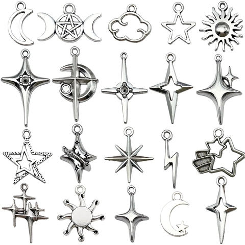 Breloques Célestes Alliage Zinc Étoile Lune Soleil Croix Argent Antique Pendentifs Pour DIY Création Bijoux Style Gothique Punk