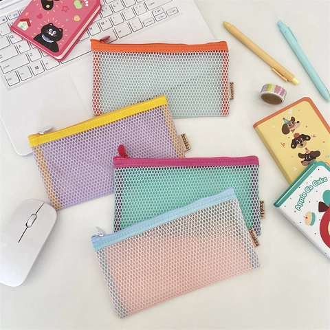 Astuccio Per Matite Grande Capacità In Rete Di Nylon Borsa Per Cancelleria Colori A Contrasto Organizzatore Portatile Per Studenti Ragazze