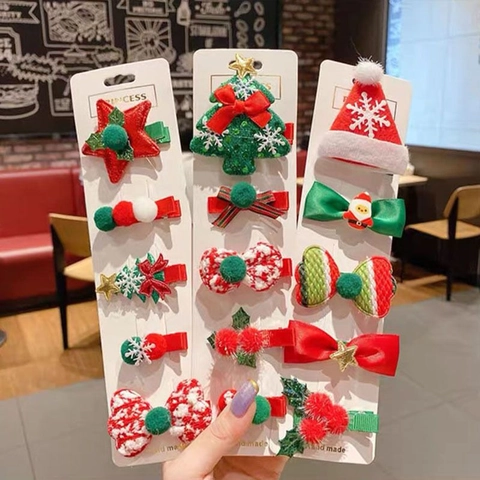 Handgemaakte Kerst Haarclip Set Voor Kinderen Meisjes Stof Sneeuwpop Kerstboom Kerstmuts Ster Strik Haaraccessoire Voor Vakantie Feest