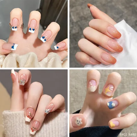 Sweet French Style Press On Nails Reusable False Nails Cute Heart Flower Pattern Design For Women Girls Nail Art Manicure Decoration