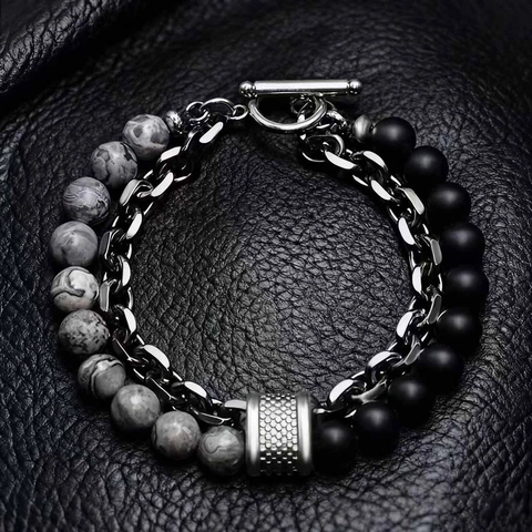 Men Bracelet Natural Stone Tiger Eye Lava Bead Double Layer Alloy Metal Chain OT Buckle Street Style Jewelry Accessory