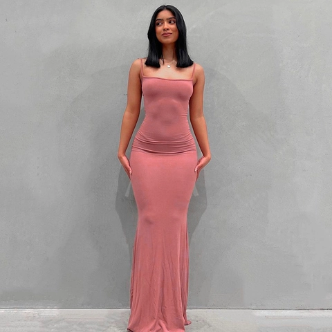 Damen Spaghettiträger Maxikleid Schlanke Passform Einfarbig Ärmellos Meerjungfrau Sommer Langes Kleid Casual Abend Party Kleidung