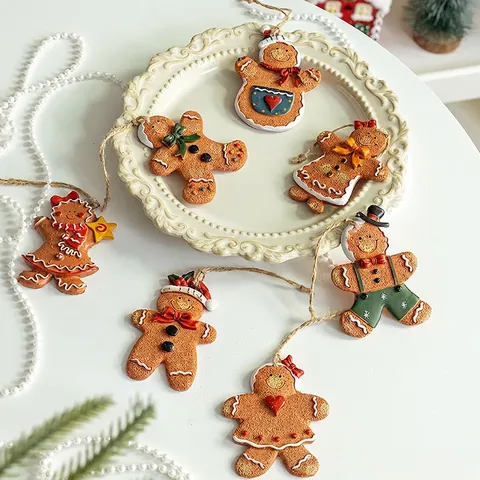 Christmas Gingerbread Man Hanging Ornaments Resin Hand Painted Vintage Style Holiday Tree Decorations With Hemp Rope