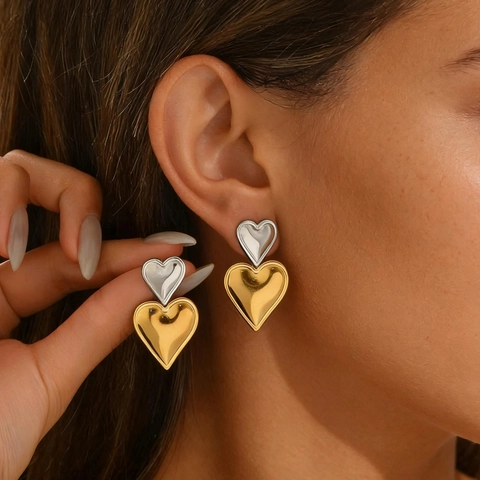 Orecchini A Doppio Cuore Acciaio Inossidabile Oro Argento Colore A Contrasto Lucido Minimalista Borchie Donne