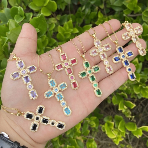 Collana Con Pendente A Croce Rame Micro Pavè Zircone Pietre Preziose Colorate Lusso Placcato Oro Gioielli Per Donna