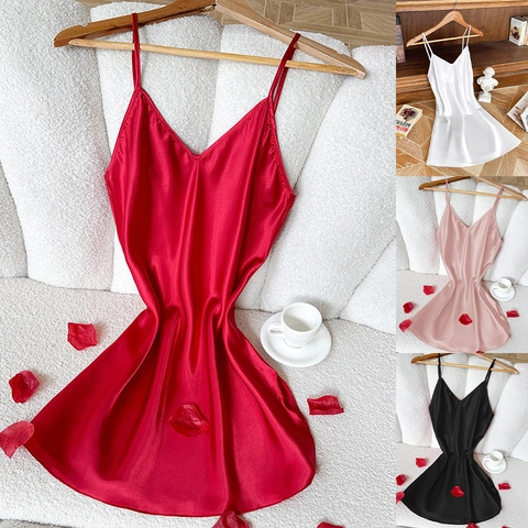 Satin Nachthemd Damen V Ausschnitt Spaghettiträger Schlafanzug Satinnimitat Unterkleid Seidig Atmungsaktiv Homewear
