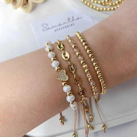 Bracelet Perle Eau Douce Cristal Empilable Perles Cuivre Plaqué Or Micro Pave Cœur Charme Cordon Réglable Bijoux