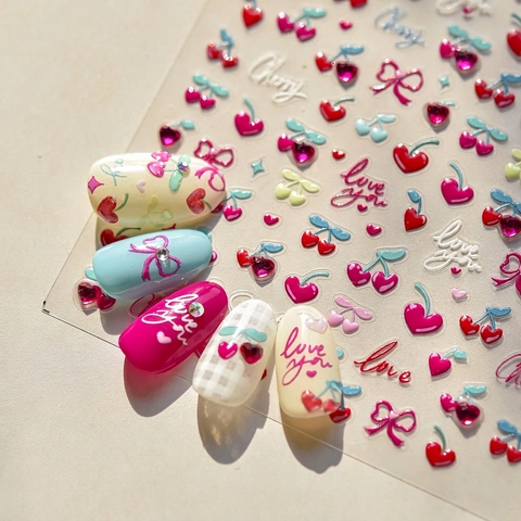 Autocollants Ongles Relief 3D Strass Cristal Cerise Cœur Nœud Lettres Doux Auto-adhésif Décoration DIY