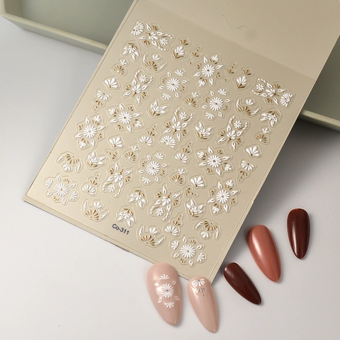 5D Relief Nail Art Stickers White Flower Totem Metallic Hot Stamping Self Adhesive DIY Manicure Decals Elegant Retro