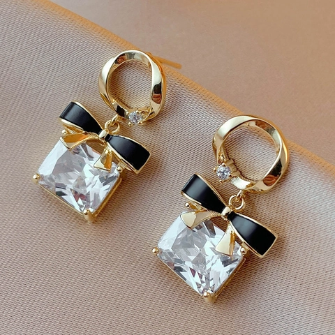 Schleife Quadratischer Strass Hängeohrringe Mit 925 Sterling Silber Ohrstecker Gold Vergoldet Geometrischer Modeschmuck
