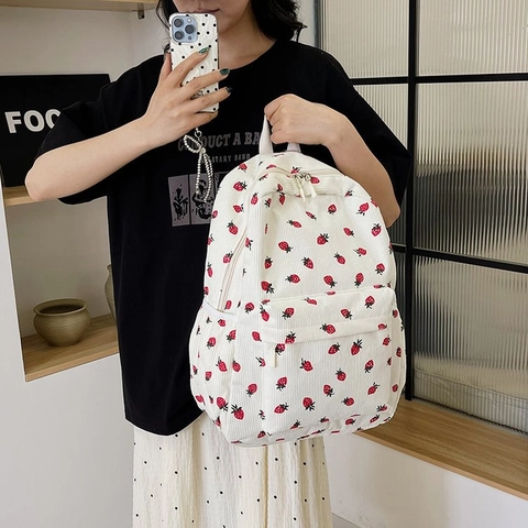 Strawberry Print Corduroy Backpack Large Capacity Multi Pocket School Bag Sweet Kawaii Style For Women Girls Students