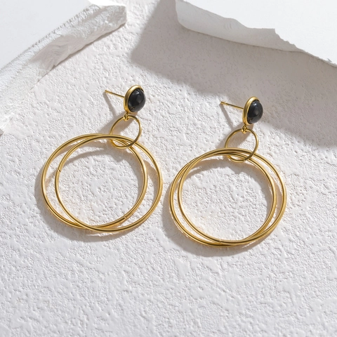 French Vintage Stainless Steel Hoop Earrings For Women Gold Plated Geometric Circular Black Stud Drop Earrings Minimalist Jewelry