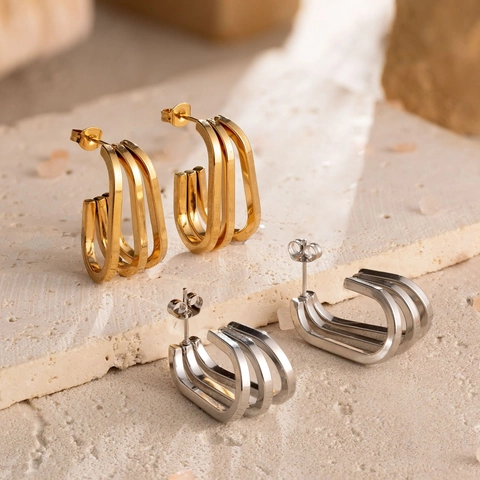 Orecchini In Acciaio Inossidabile A Doppio Strato Geometrici Forma U Placcati Oro 18K Gioielli Retro Regalo Per Donna