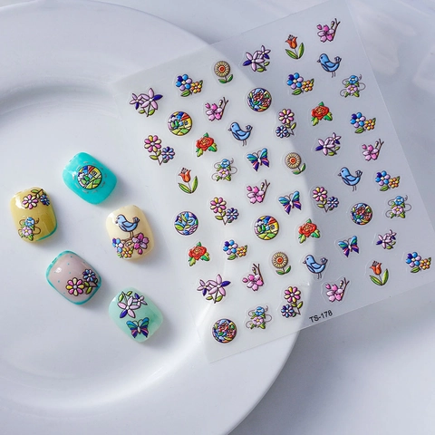 Nagelkunst Stickers 5D Reliëf Bloem Vogel Patroon Zelfklevende Decoratie Manicure Salon Stijl Voor Vrouwen