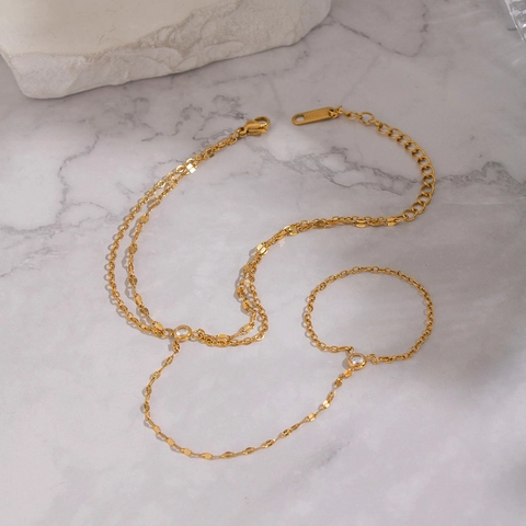 Fingerarmband Für Damen Mehrlagig Edelstahl 18K Vergoldet Zirkon Doppel Kette Sklavenarmband Wasserfest Schmuck