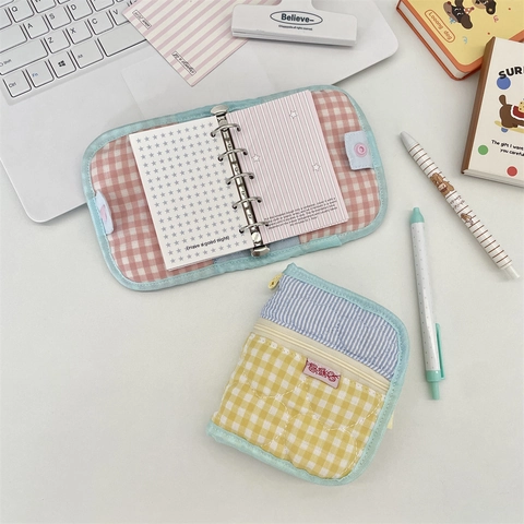 Quaderno Ad Anelli In Tessuto Trapuntato Motivo A Cuore E Quadretti Diario Ricaricabile E Pochette Con Cerniera
