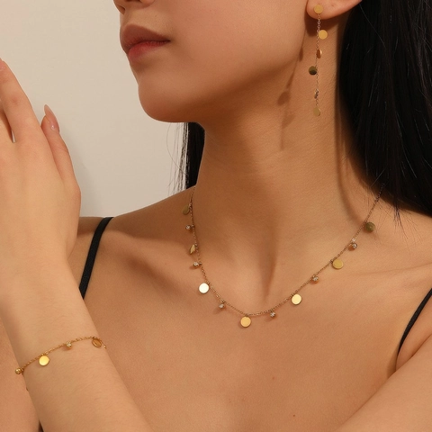 Women Jewelry Necklace Earrings Bracelet Gold Plated Stainless Steel Round Disc Cubic Zirconia Minimalist Elegant Fashion