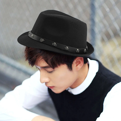 Vintage British Style Woolen Blend Fedora Hat For Men Women With Punk Metal Studs Skull Belt Buckle Jazz Hat Outdoor Winter Cap
